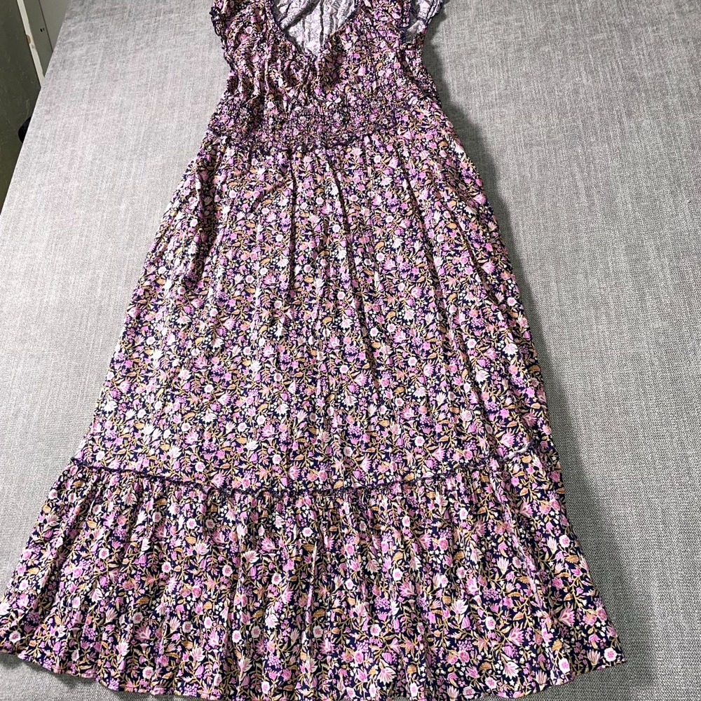 Old Navy Waist Defined Midi Dress Womens Large Multicolor Floral Smocked Bodice - Picture 2 of 13